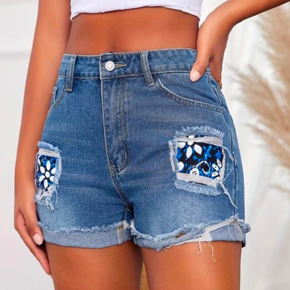Floral Patchwork Raw Hem Denim Shorts Medium Boho Festival Edgy High Waist - Picture 1 of 12